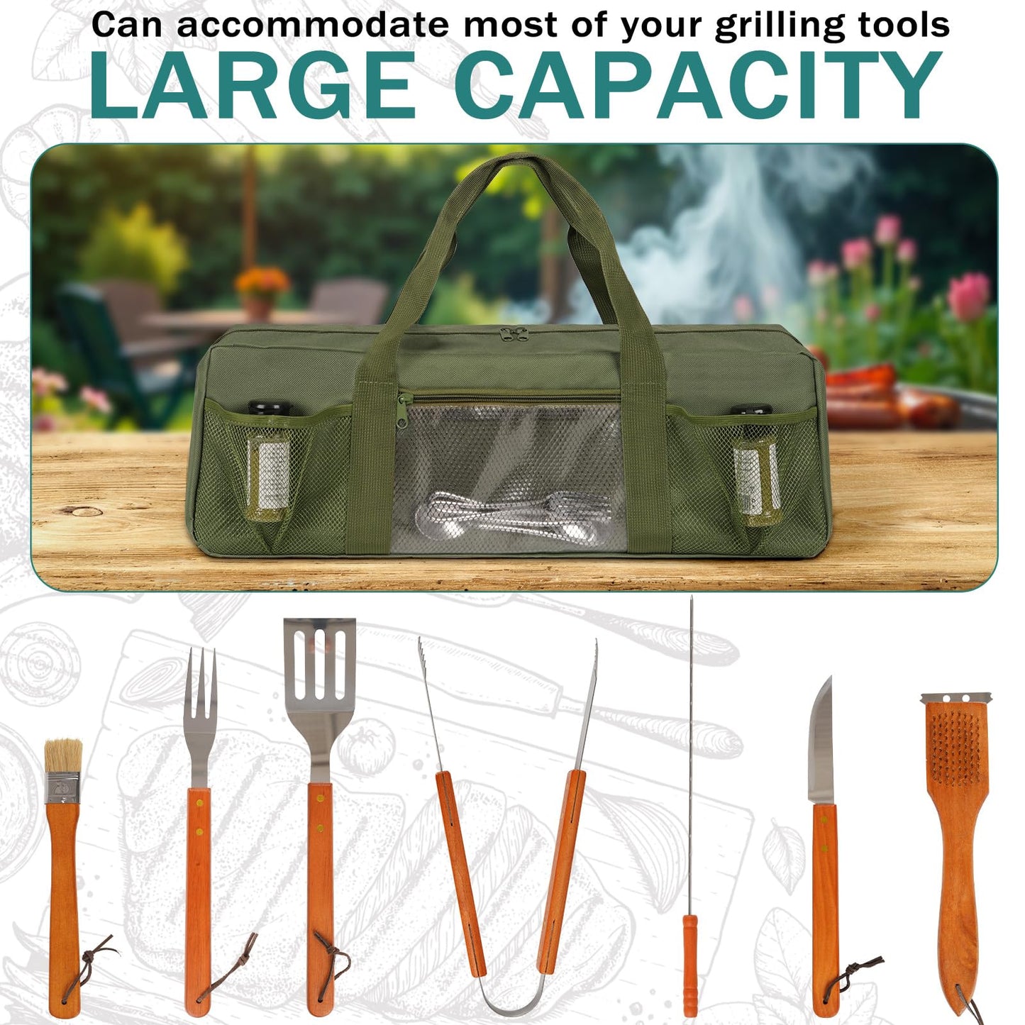 Frjjthchy Grill Tool Storage Bag, Large Grill Utensil Storage Caddy with Pockets, Portable Grill Accessory Storage Bag for Outdoor Camping & BBQ (Green)