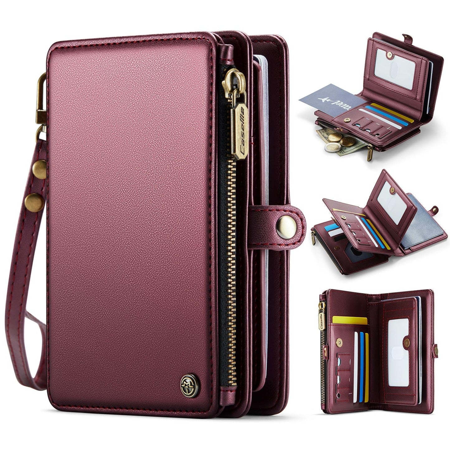 XIMAND Passport Holder Wallet Bag with AirTag Holder, 11 Card Slots and Passport Solt Cash Solt Photo Solt Zipper Pocket, RFID Blocking Wristlet Strap.Wine