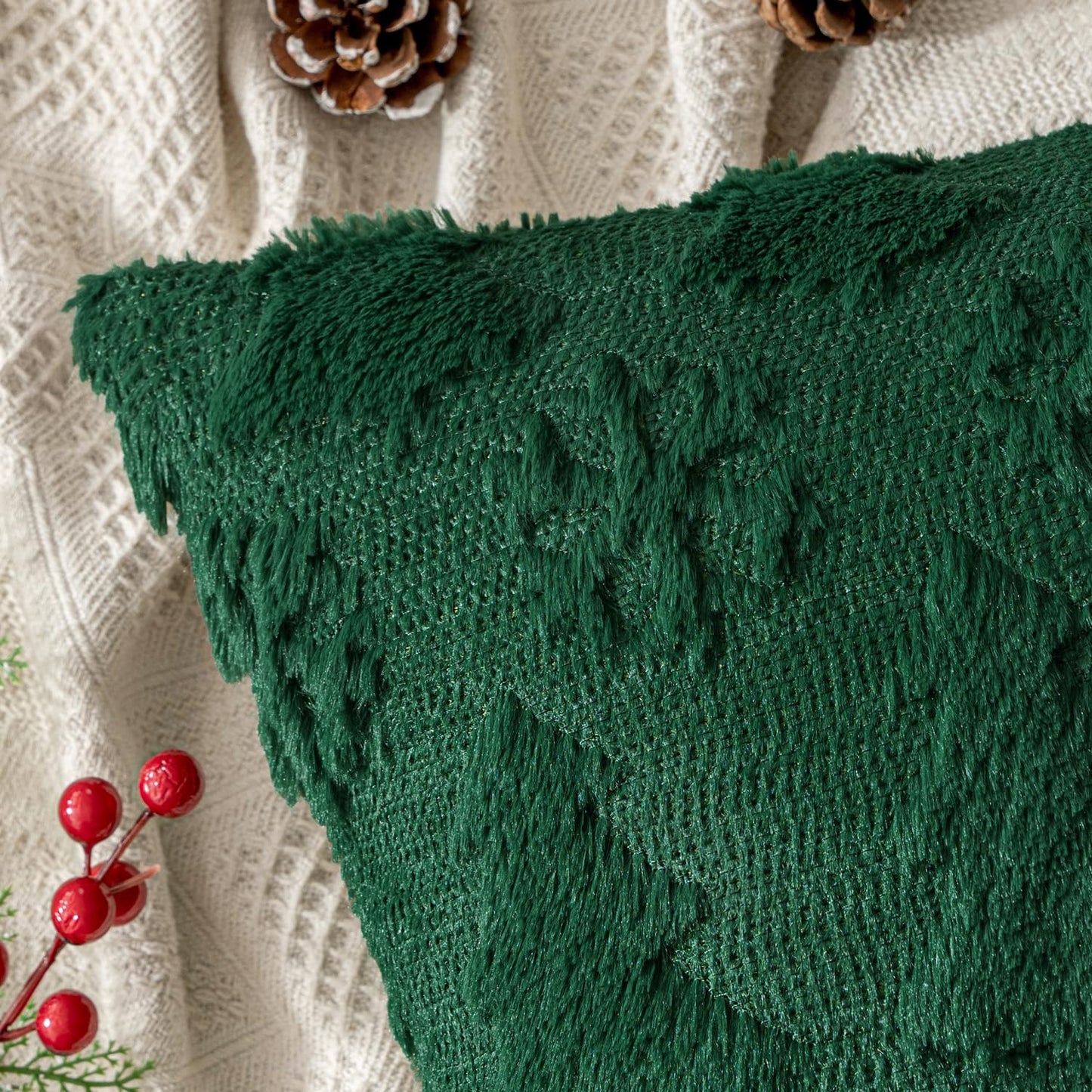 MIULEE Christmas Throw Pillow Covers 18x18 Set of 2 Christmas Decorations Dark Green Soft Plush Faux Fur Wool Xmas Tree Snowflakes Pillowcases Holiday Festivals Winter Home Decor Sofa Couch Bed Porch
