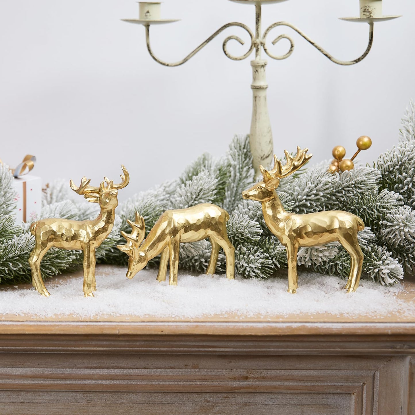 yumhum 3pcs Resin Reindeer Figurines for Christmas Decor Gold Tabletop Reindeer Statues Small Decorative Deer Figurines for Indoor Christmas Tabletop Mantle Decorations