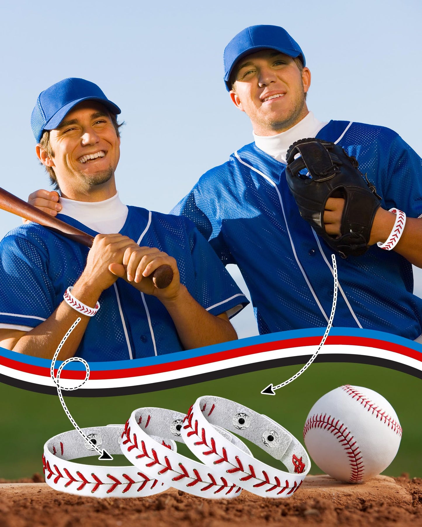 Retrowavy Genuine Leather Baseball Bracelet Baseball Party Favors Gifts Sport Wristbands Team Theme Birthday Gift for Teens(20 Pcs)