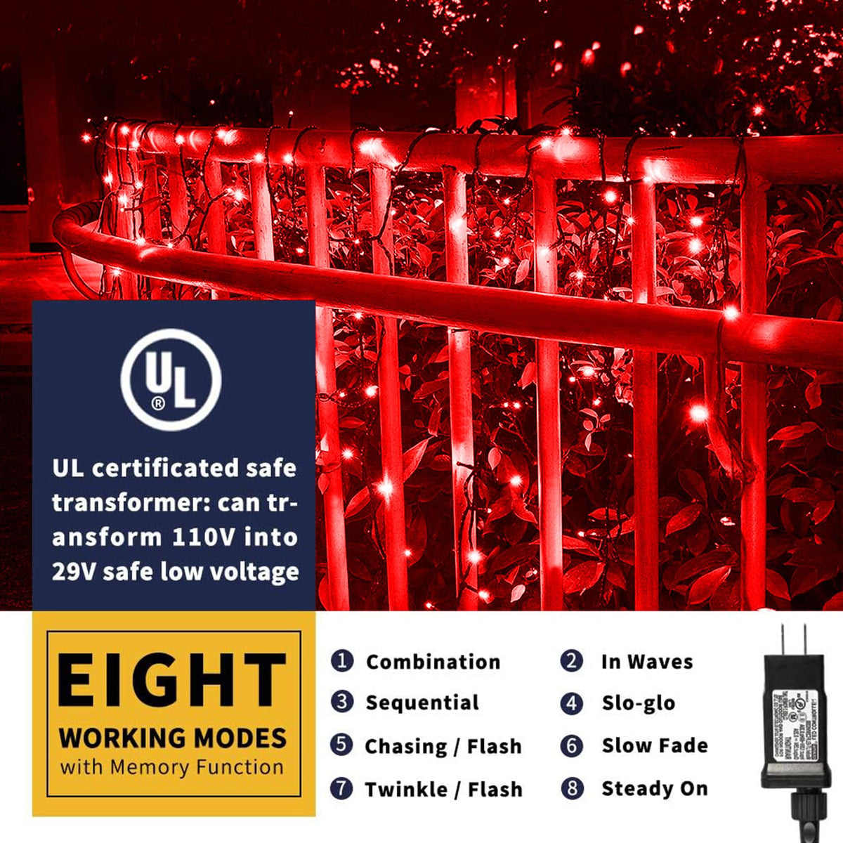 XTF2015 105ft 300 LED Christmas String Lights, End to End Plug 8 Modes Christmas Lights - UL Certified - Outdoor Indoor Fairy Light Christma s Tree, Patio, Garden, Party, Wedding, Holiday (Red)