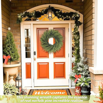 26 inch Norfolk Pine Wreath, Realistic Christmas Wreath for Front Door,Artificial Real Touch Green Wreath Greenery for Door Wall Windows Mantle Outdoor Christmas Decoration