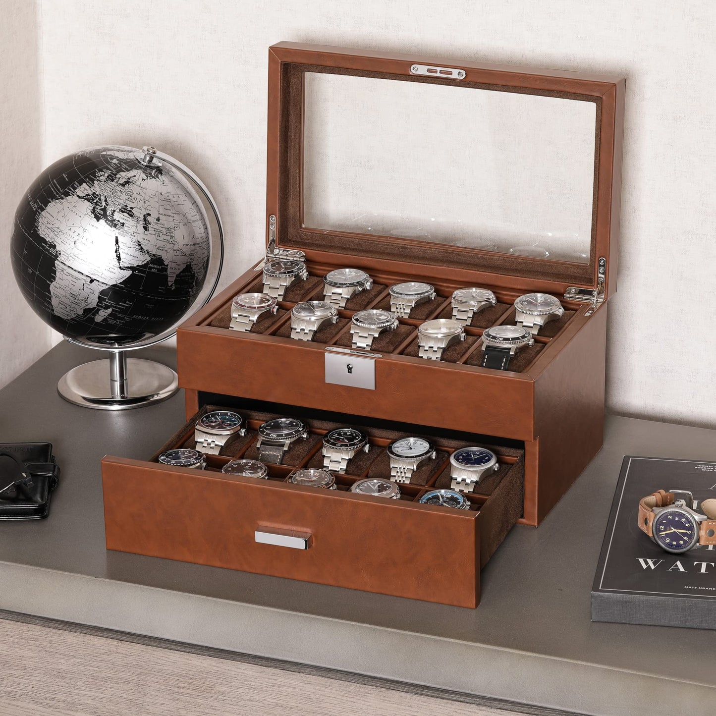 ROTHWELL 20 Slot Leather Watch box - Luxury Case Display Jewelry Organizer, - Locking Display Case Holder with Large Real Glass Top - Watch Box Organizer for Men and Women (Tan/Brown)