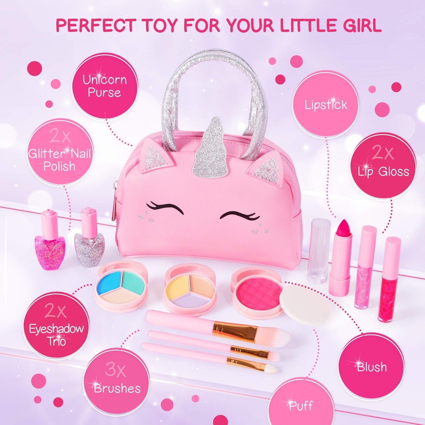 Kids Real Makeup Kit for Girls with Pink Unicorn Purse, Non Toxic Washable Make Up - Unicorn Toys for Toddler & Birthday Gifts for Girl Ages 3 4 5 6 7 8 9 10 Years Old - Pretend Play Vanity Set