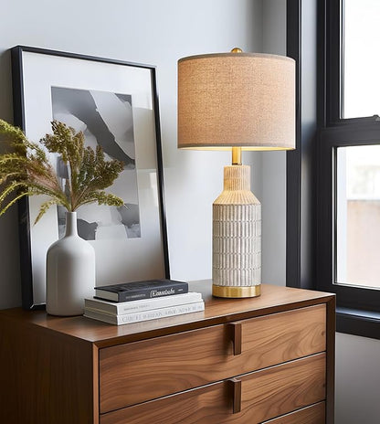 25" Table Lamps Set of 2 - Modern Bedside Lamps for Living Room - White Washed Ceramic Nightstand Lamps for Bedroom