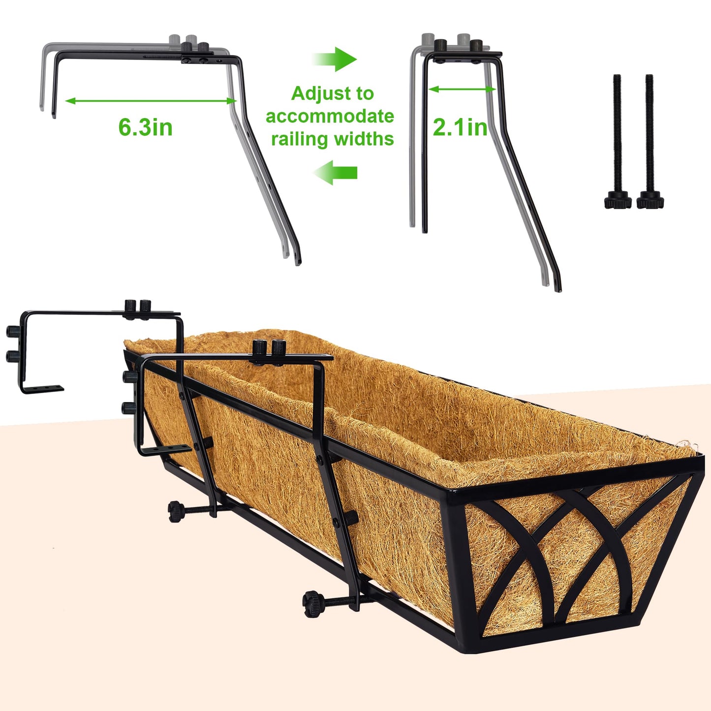 Y&M 4pcs 24 Inch Planter, Metal Window Boxes with Coco Liner, Indoor Outdoor Hanging Flower Planter for Garden, Lawn, Balcony, Porch, Fence, Patio Rail