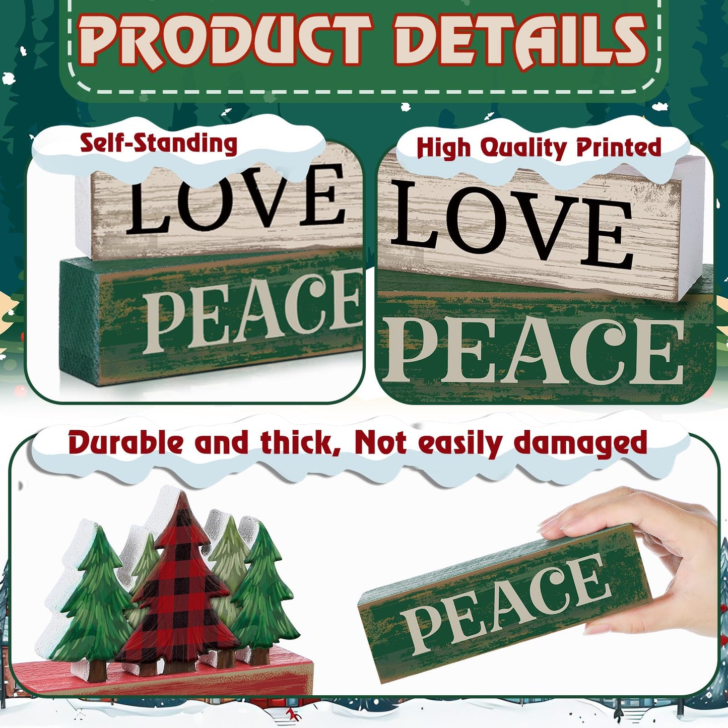 Lineshading 4 Pcs Christmas Table Decor Christmas Tree Centerpiece Joy Peace Love Sign Rustic Decorative Tree Block Signs Gift Winter Tiered Tray Decor Farmhouse for Home Xmas Party Kitchen Shelf