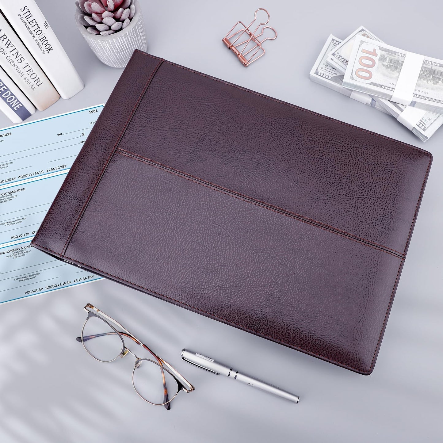 Antner 7 Ring Business Checkbook Binder for Business Checks, 600 Checks Capacity, PU Leather Check Book Binder Cover with Zipper Pouch, Executive Organizer Portfolio Holder for 9" x 13" Sheets, Coffee