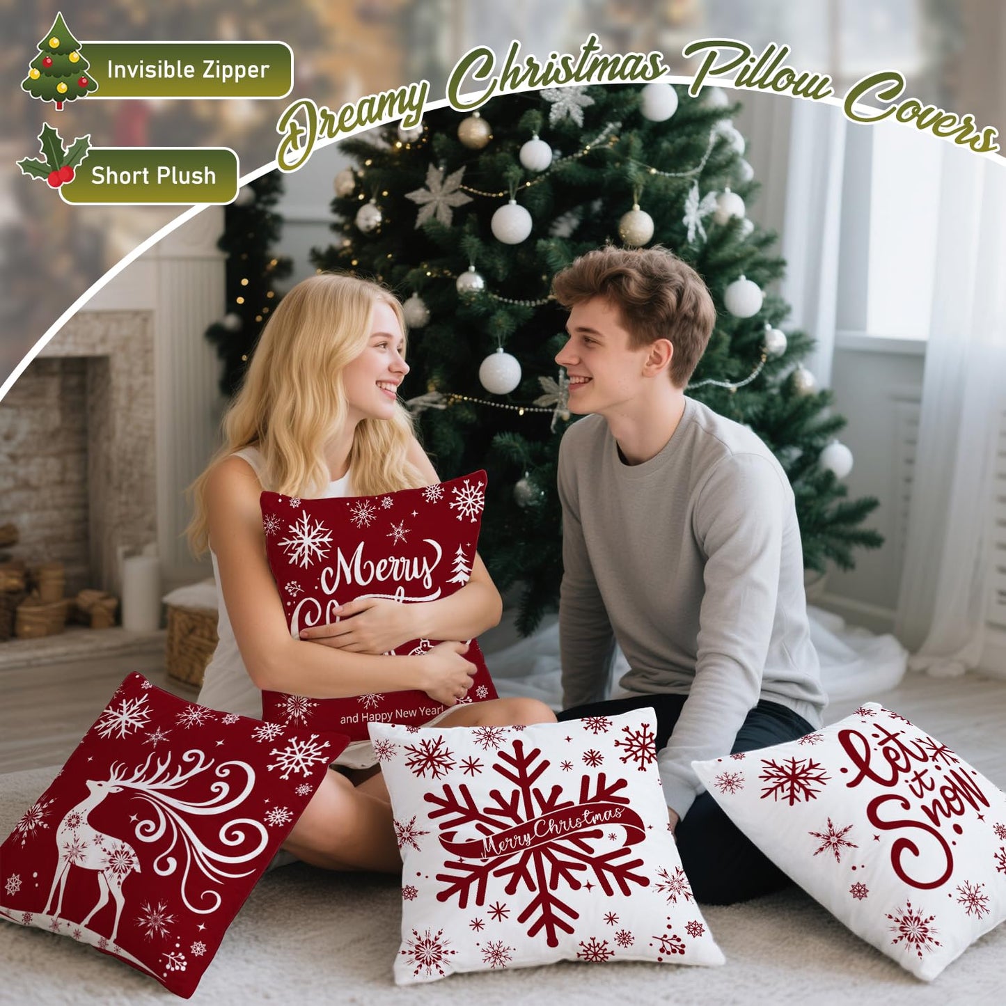 Artmag Merry Christmas Throw Pillow Covers 16x16 inch Snowflakes Let it Snow Moose Winter Holiday Red Cushion Case for Coach Sofa Decorations Set of 4