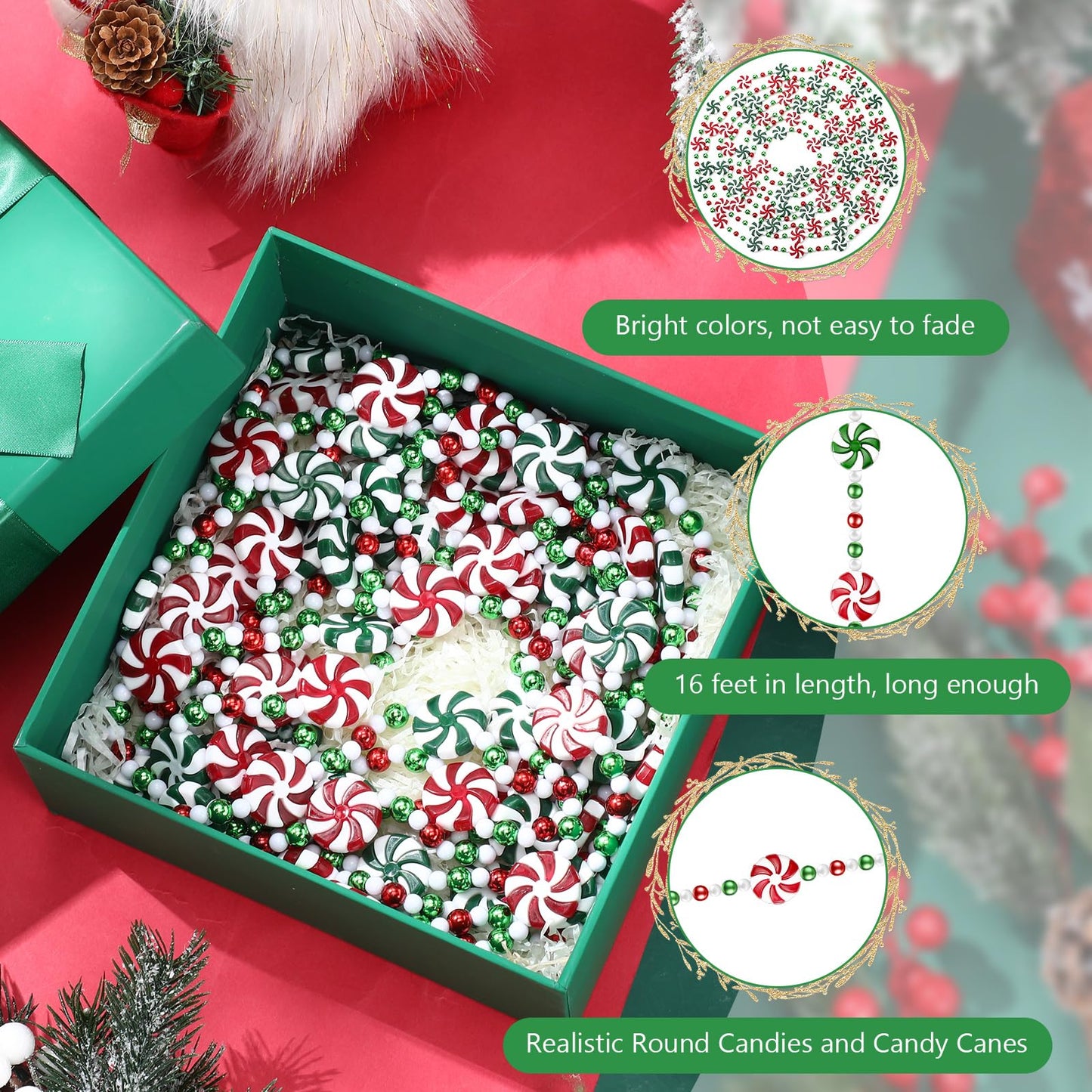 LCPQMZGH 24 feet Peppermint Garland Christmas Tree Bead Garland for Xmas Party Supplies Holiday Favors Ornaments