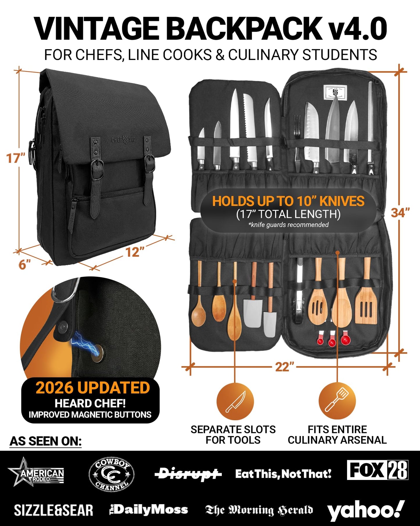 Chef Knife Bag Vintage Backpack VINTAGE, Professional Knife Carrying Case for Chefs & Culinary Students, 30+ Pockets, Holds 10" Knives, Water-Resistant 600D Material (Night Black)