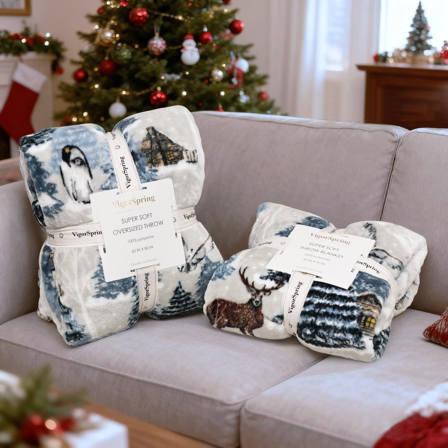 VigorSpring Christmas Throw Blanket - 60x80 inches, Holiday Christmas Tree Reindeer Snowflakes Fleece Blanket Winter Soft Blanket for Couch Sofa Bed Lounging, Ideal Gifts for Kids Adults Wife Self