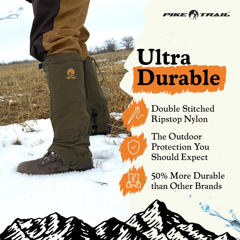 Pike Trail Adjustable Leg Gaiters - Lightweight, Waterproof - Leg Guards for Men & Women - Hiking Essentials Ideal for Hunting, Trekking & Fishing - Black - 1 Pair