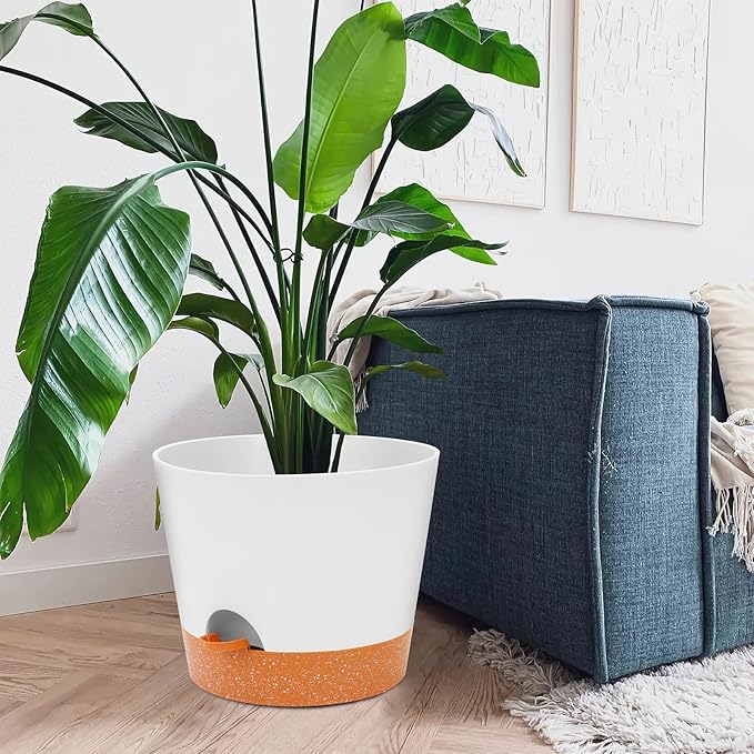 GARDIFE 12 inch Plant Pots, planters, Self Watering Pots, Large Plastic Flower pots with Deep Reservior and High Drainage Holes for Indoor Outdoor Plants and Flowers, White