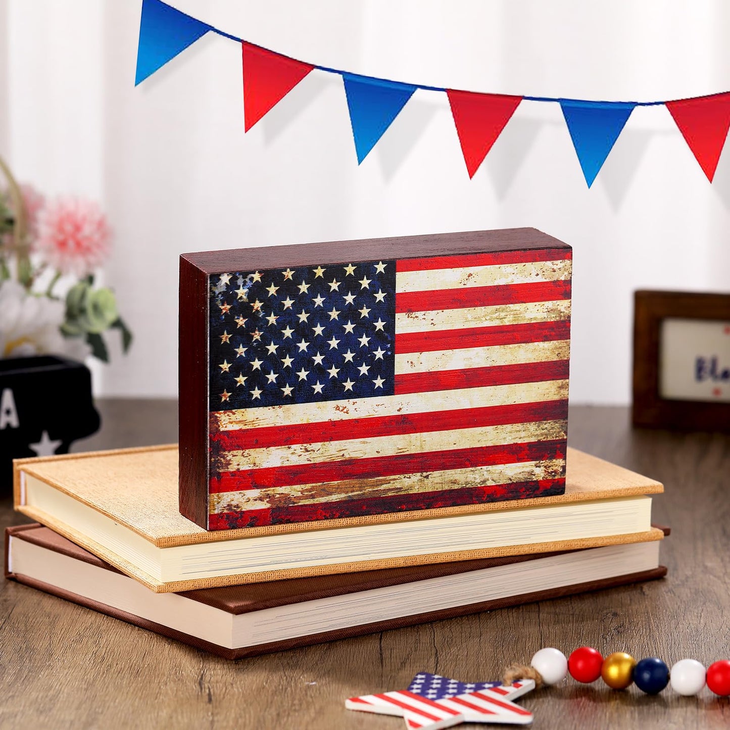 Sintuff 4th of July Decor Patriotic 250th Anniversary Tabletop Decoration Wooden American Flag Box Sign Independence Day Memorial Day Veterans Wood Gifts for Table Centerpiece Office Desk Shelf