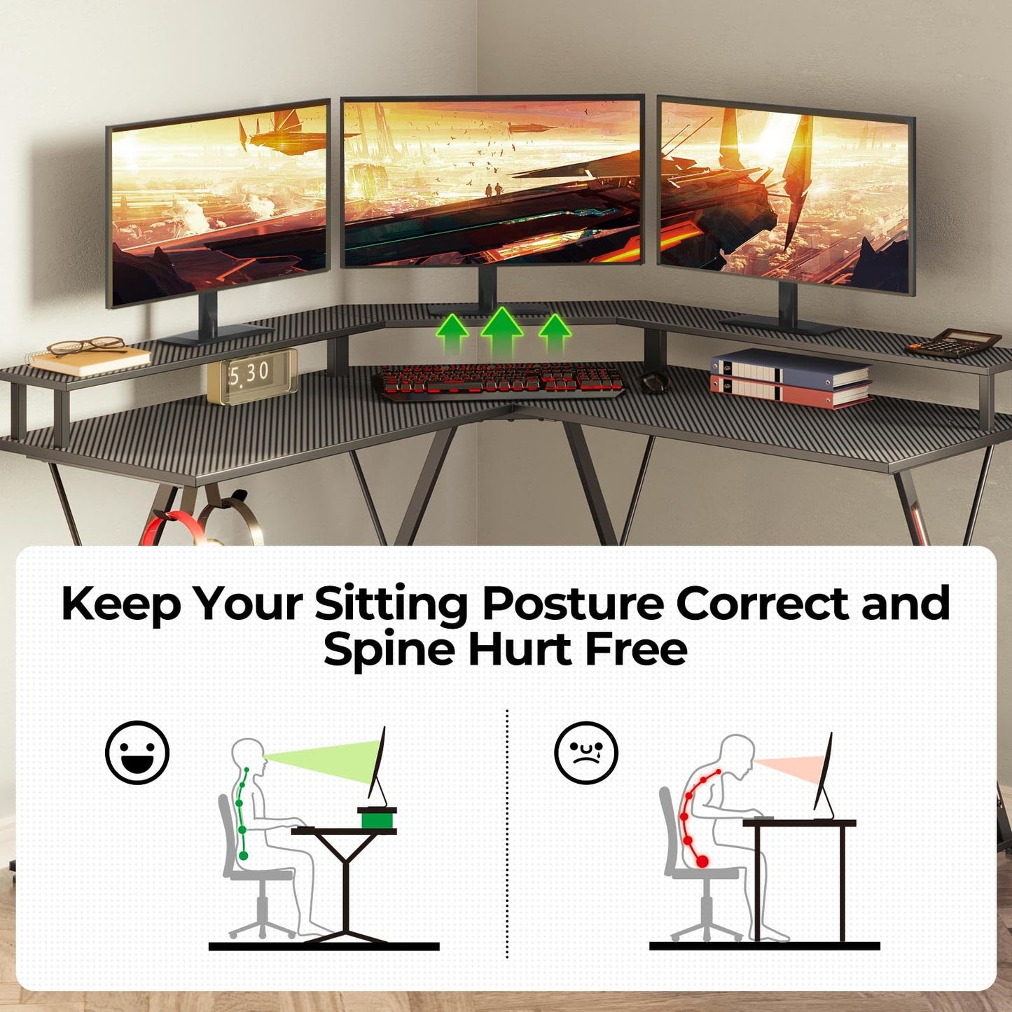 SEVEN WARRIOR L Shaped Gaming Desk with LED Lights & Power Outlets, 50.4” Computer Desk with Monitor Stand, Corner Desk with Carbon Fiber Surface, Gaming Table with Hooks, Black