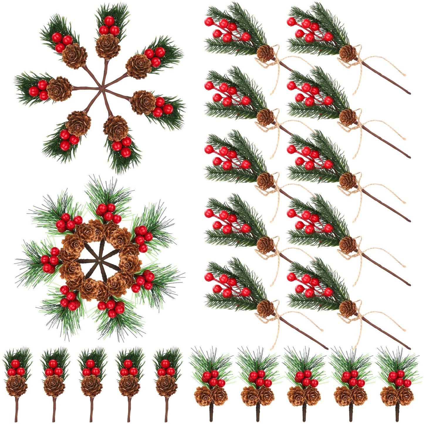 34Pcs Artificial Christmas Floral Picks, Red Berry Picks with Pinecones and Pine Branches, Fake Berries Pine Cone Berry Stems Set for Wreath, Garland, Vase, Tree, Holiday Home Winter Decorations