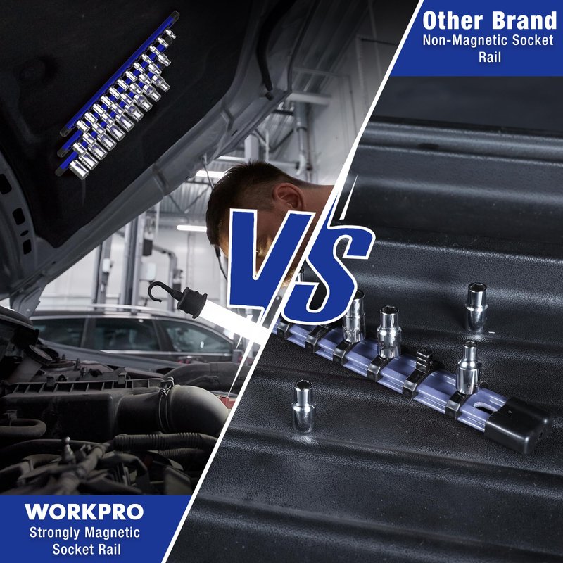 WORKPRO Magnetic Socket Organizer Set, 3-Piece Aluminum Alloy Socket Rail, Heavy Duty Socket Holder, Socket Rack Kit 1/4-Inch x 12 Clips, 3/8-Inch x 10 Clips, 1/2-Inch x 10 Clips (Blue)