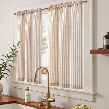 jinchan Striped Linen Kitchen Curtains 45 Inches Length Tier Curtains Farmhouse Modern Cafe Style Small Window Treatments Airy Light Filtering Rod Pocket for Living Room Bathroom 2 Panels Tan