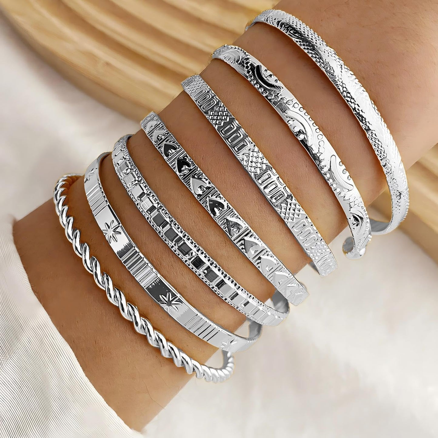 Bangle Bracelet for Women, 7 Pcs Silvery Plated Dainty Layered Chain, 14K Layer Stackable Cuff Bracelet Set (Silvery)
