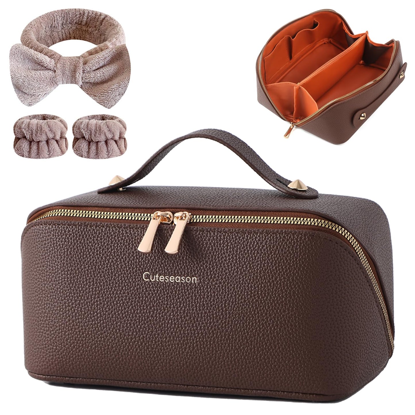 Cuteseason PU Leather Makeup Bag for Women, Structured Makeup Case with Wide Opening, Travel Cosmetic Bag with Compartments and Handle, Water-Resistant Makeup Organizer(Brown, Lychee Grain)