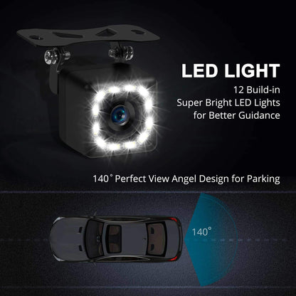 Car Backup Camera, Rear View Camera Ultra HD 12 LED Night Vision,Waterproof Reverse Camera 140° Wide View Angel with Multiple Mount Brackets for Universal Cars,SUV,Trucks,RV and More