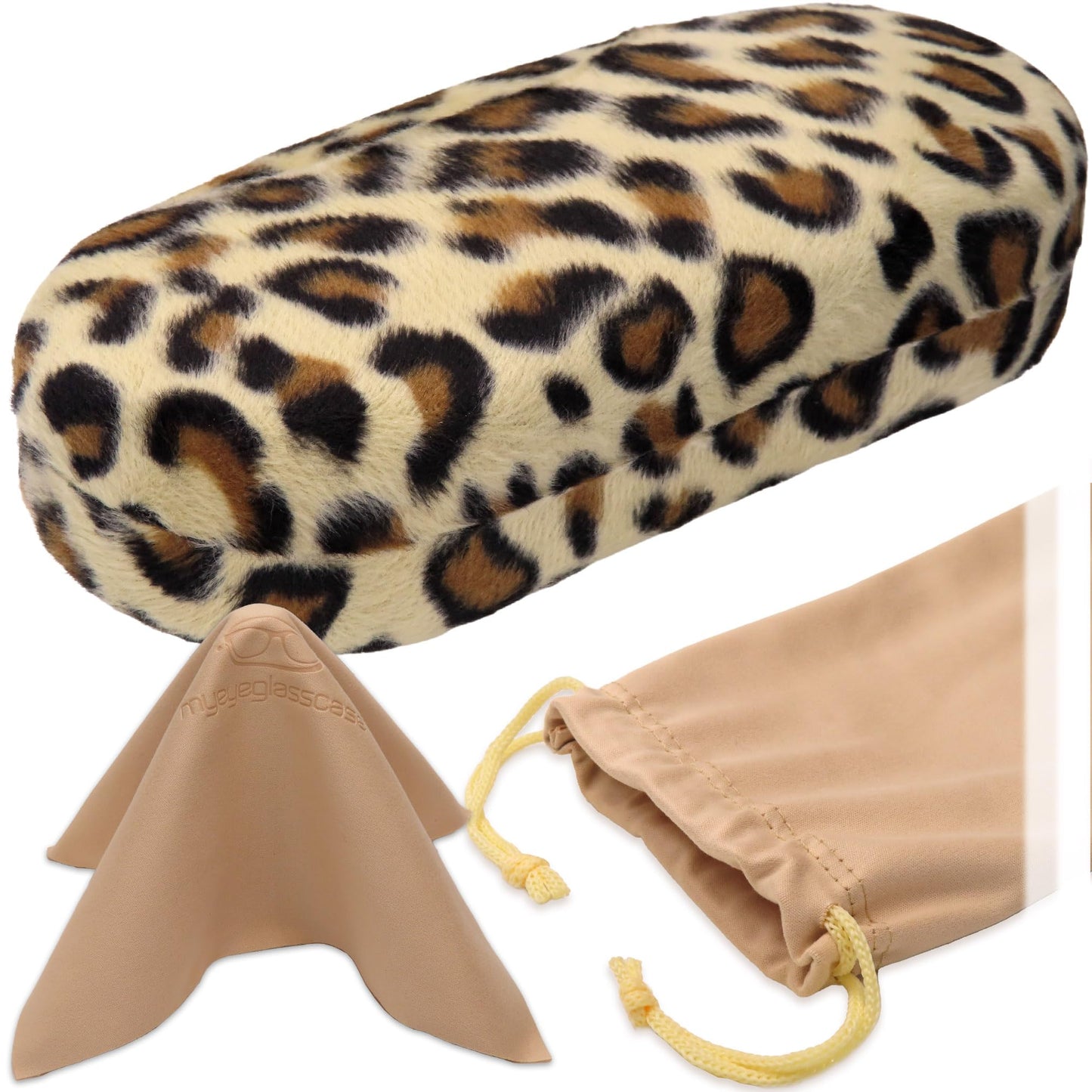 MyEyeglassCase - Premium Leopard Animal Print Hard Shell Sunglass Case with Microfiber Pouch & Cleaning Cloth - Glasses Case - Medium to Large Eyeglass Case for Men and Women (AS87 Leopard white)
