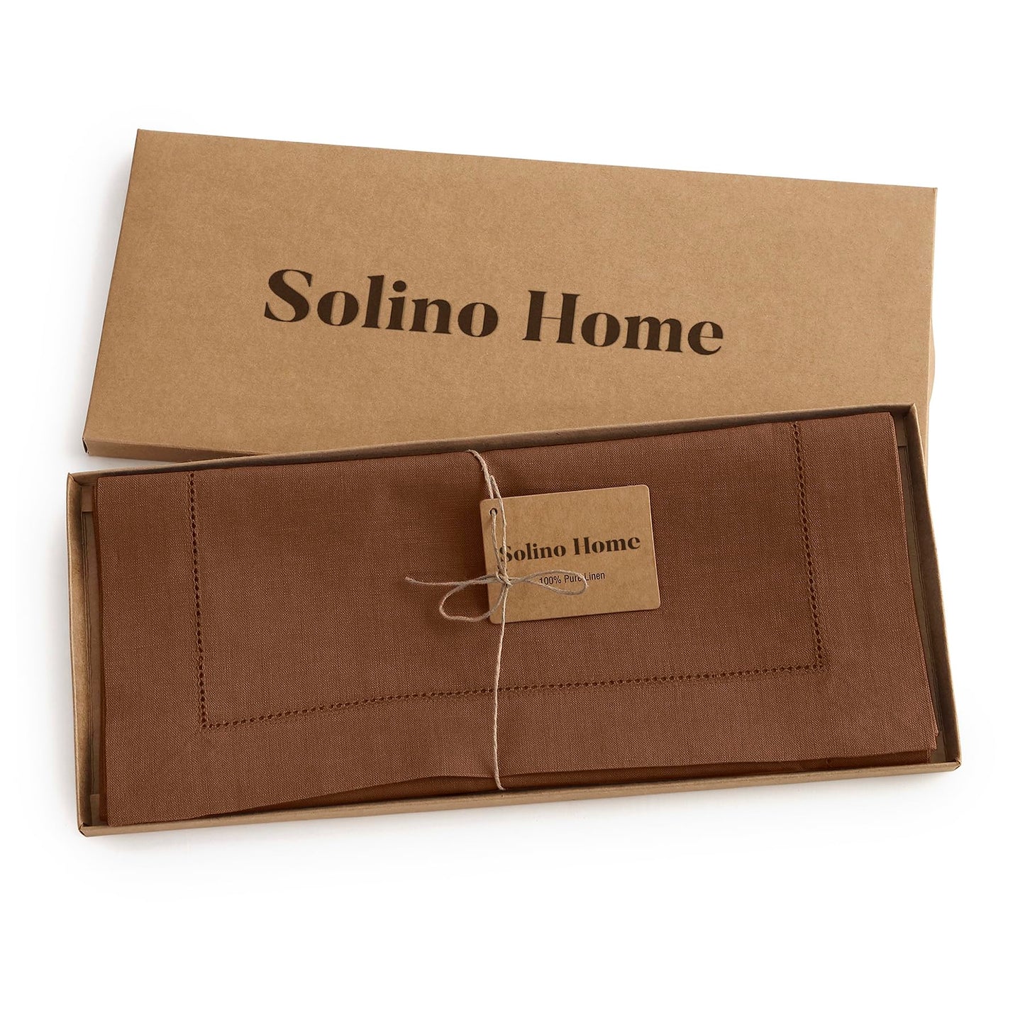 Solino Home Linen Brown Table Runner 72 Inches Long - 100% Pure Linen Hemstitch Table Runner 14 x 72 Inch for Dresser, Dining - Classic Hemstitch