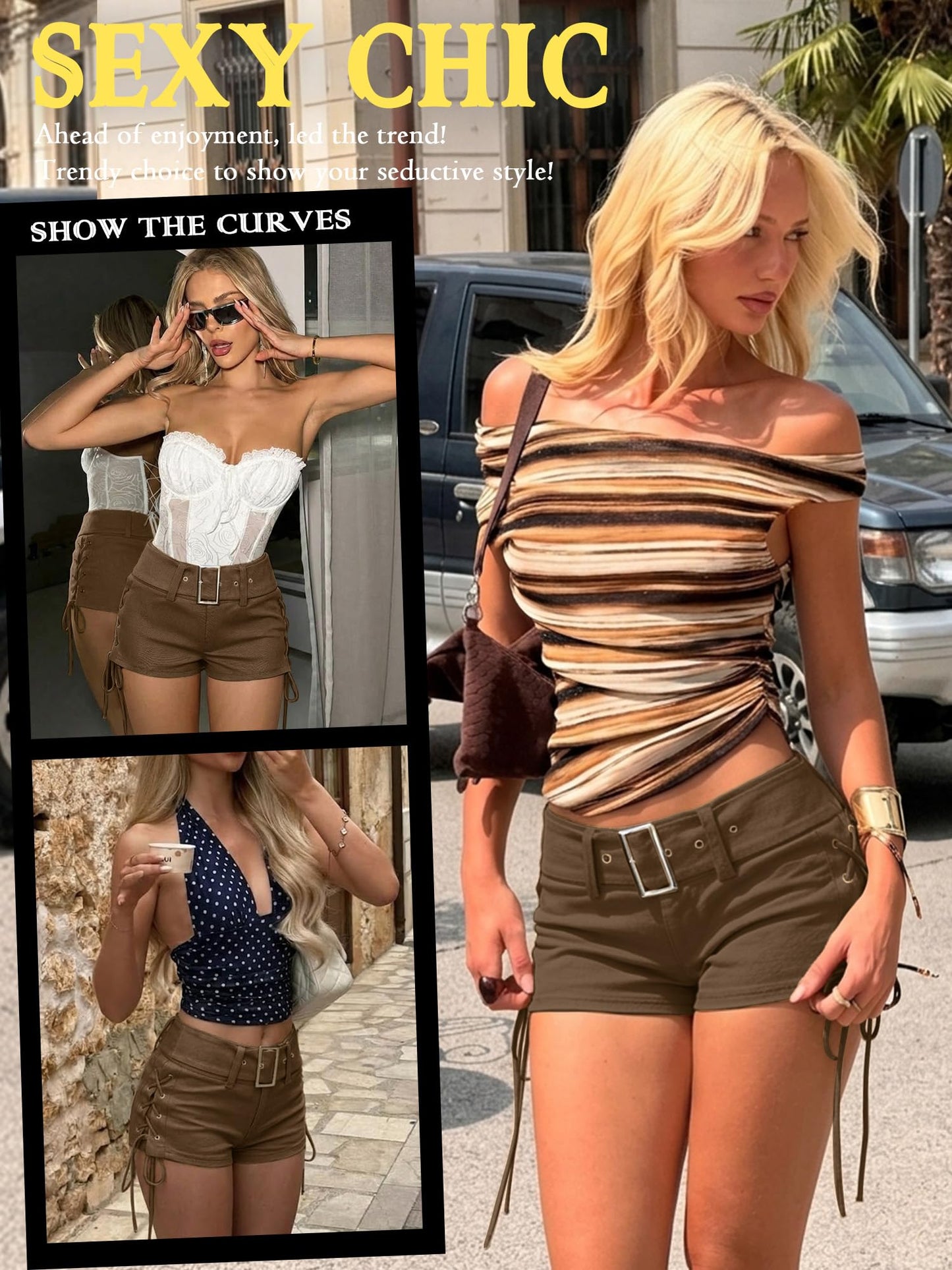 ELLEVEN Women's Faux Leather Micro Shorts Lace Up Side Low Rise Buckle Belt Y2k Western Sexy Cheeky Booty Skinny Lounge Casual Mini Shorts for Women Going Out Club Rave Outfits Brown Medium