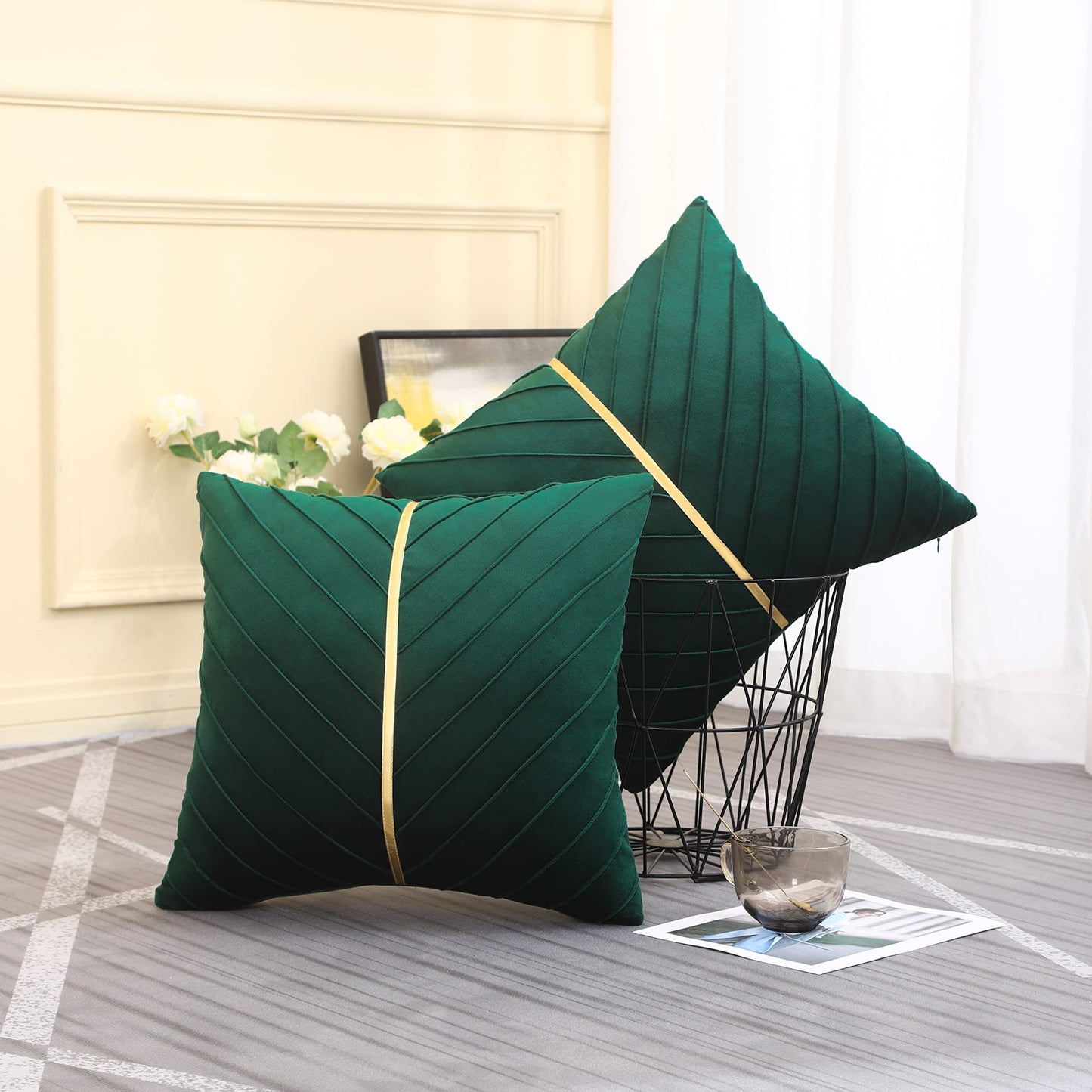 Tosleo Dark Green Velvet Pillow Covers 18x18 Pack of 2 with Gold Leather Soft Throw Pillow Covers Home Decorative Cushion Cases Luxury Modern Pillow Covers Summer Home Decor for Sofa Bed