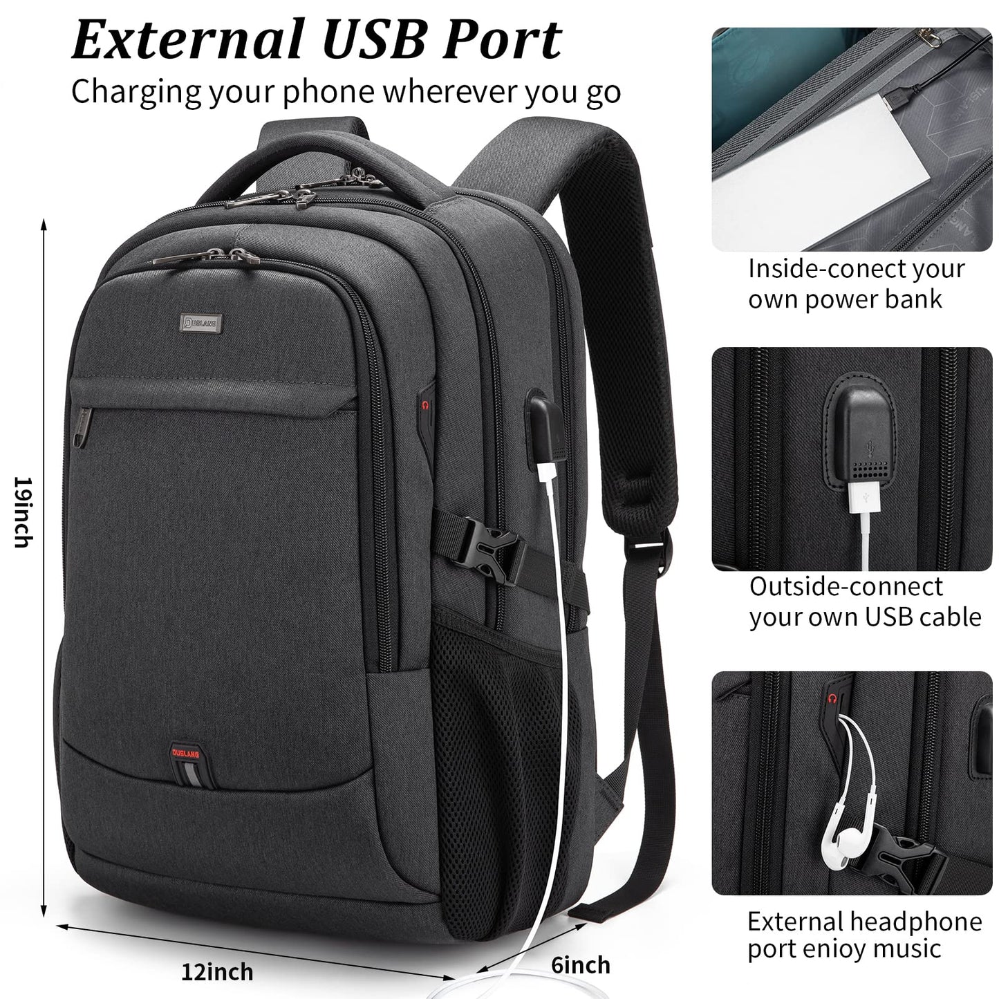 DUSLANG 17 Inch Laptop Backpack for Travel Water Resistant College Backpack for Men Women Laptop Bag with USB Charging Port Tablet Sleeve Bag, Black