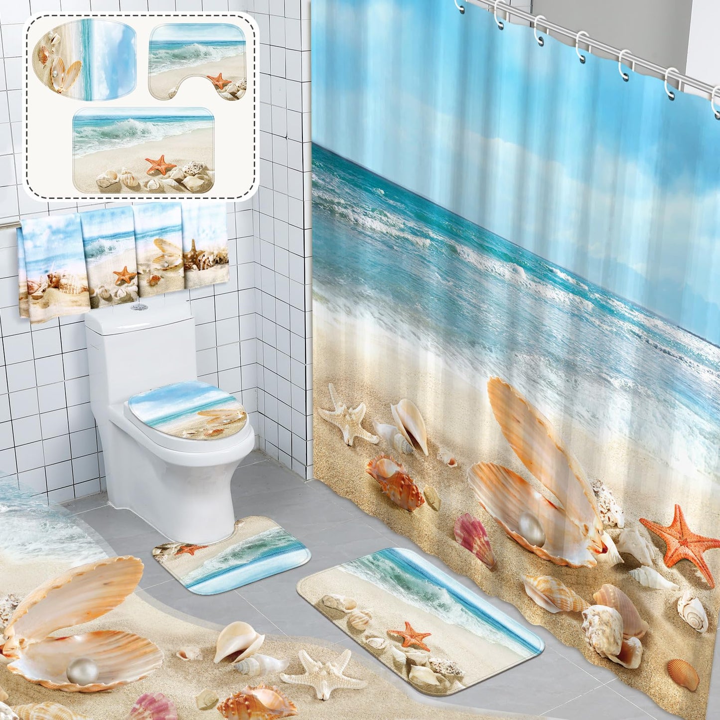 FuWeave 8 Pcs Summer Beach Shower Curtain Set Bathroom Decor Sea Ocean Waterproof Bathroom Accessories Shower Curtain Sets with Towels Carpet Bath Mat Toilet Rugs and 12 Hooks