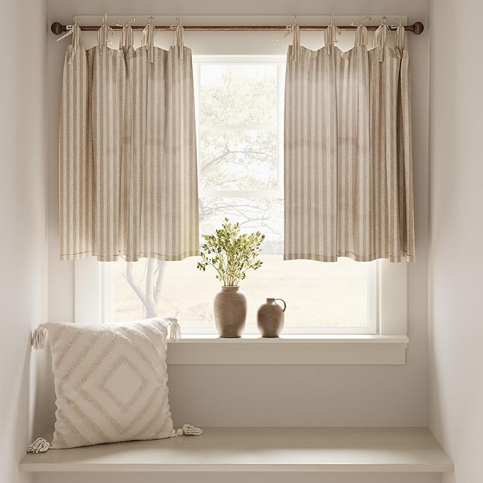 jinchan Tie Top Linen Kitchen Curtains 24 Inch Length Striped Tier Curtains Ticking Stripe Small Drapes for Living Room Bathroom Cafe Small Window Farmhouse Rustic Rod Pocket 2 Panels Tan