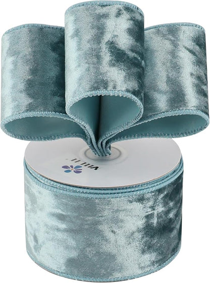 MEEDEE Dusty Blue Velvet Ribbon 2.5 inch Crushed Velvet Christmas Ribbon 10 Yards for Christmas Tree Decoration, Baskets, Wreaths, Holiday Projects, Wedding Decor and Accents