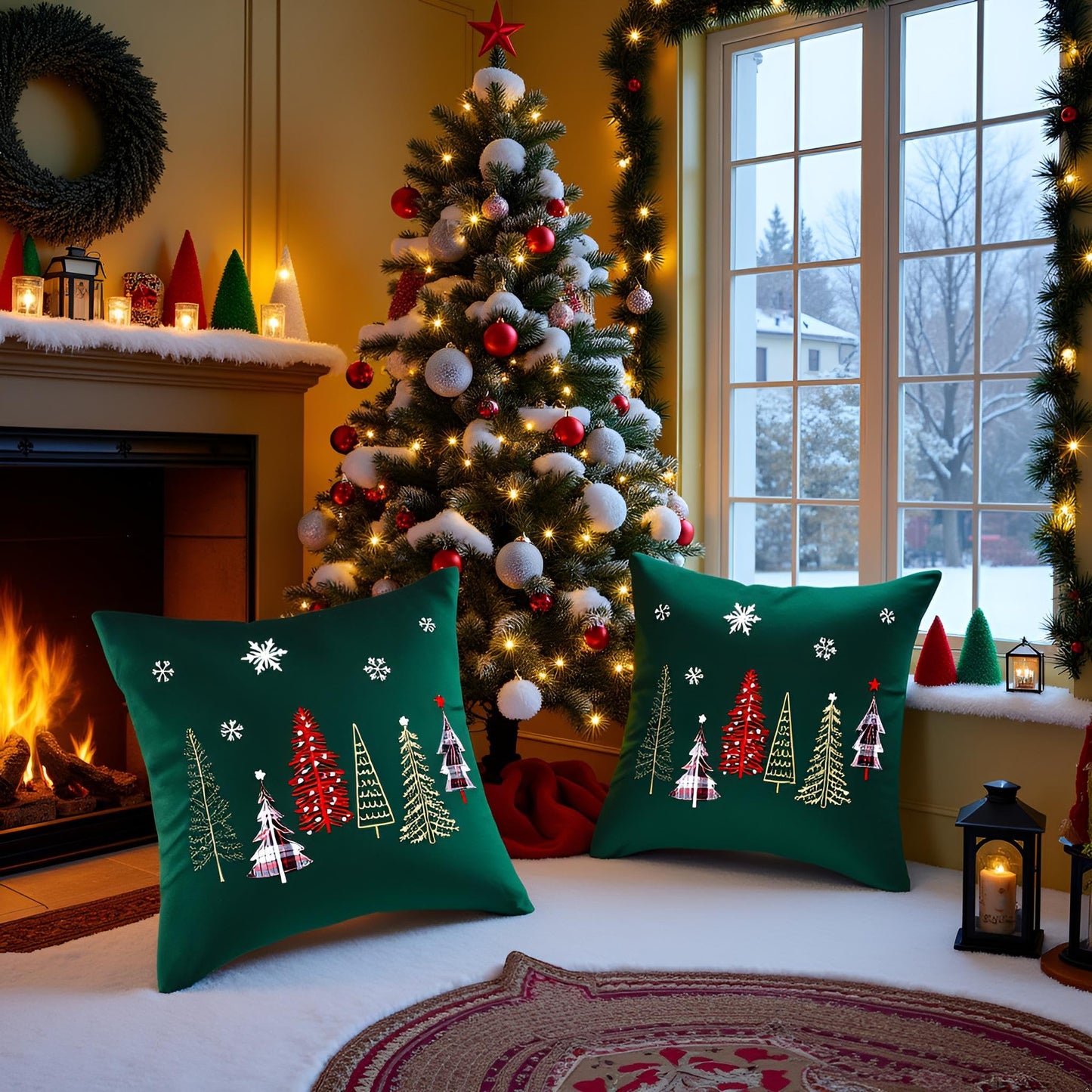 Tosleo Christmas Embroidery Throw Pillow Covers 24 x 24 inch Set of 2 Xmas Dec Velvet Pillowcases Forest Green Christmas Trees Cushion Pillow Cases Soft Square Holiday Pillowcase