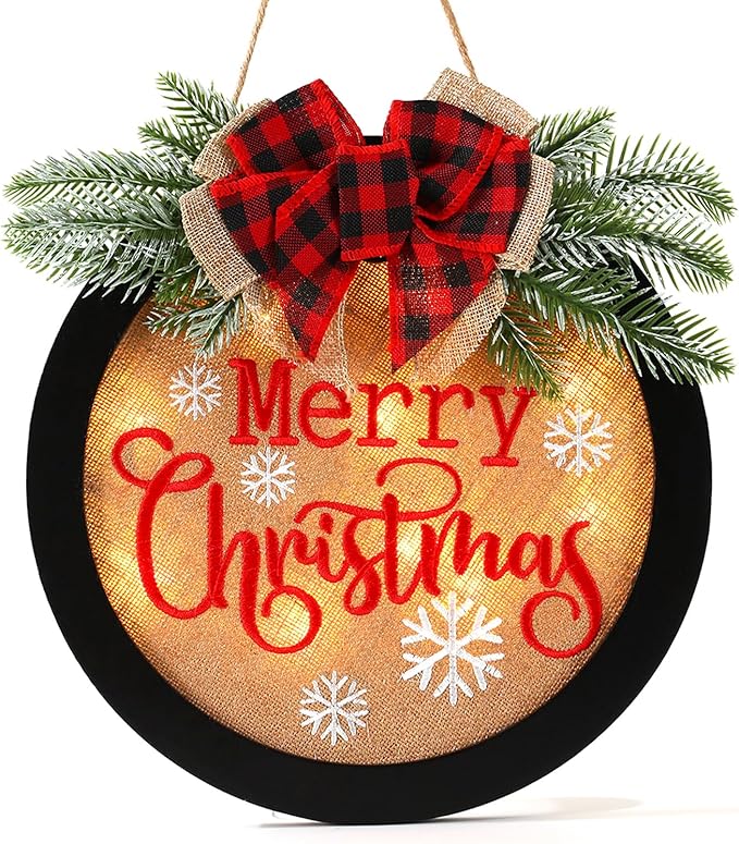HOMCDALY Merry Christmas Welcome Sign for Front Door, Winter Merry Christmas Wreath with Light, Farmhouse Door Decoration Wooden Hanging Sign, Christmas Decoration (F-Xmas-Black)