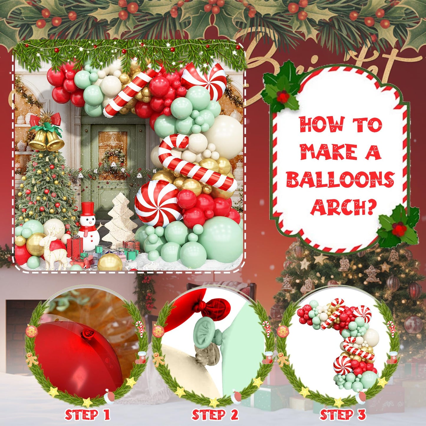Christmas Balloons Arch Red Green White Gold Balloons Garland with Candy Cane Crutch Foil Balloon Xmas Birthday Party Decorations Lollipop Balloon Metallic Beige Latex Helium New Year Decor Supplies