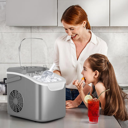 Portable Countertop Ice Maker Machine with Handle, 8 Bullet-Shaped Ice Cubes Ready in 6 Mins, 26Lbs/24H, Self-Cleaning Function with Ice Scoop and Basket for Home/Kitchen/Party (Grey)