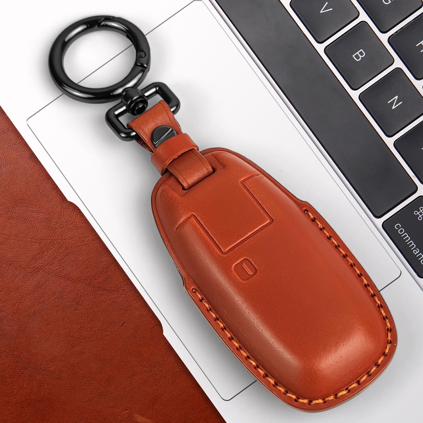 Tukellen for Nissan Key Fob Cover Leather with Keychain Compatible with 2023 2024 2025 Pathfinder Rouge Kicks Smart Remote (Brown, 5 Buttons)