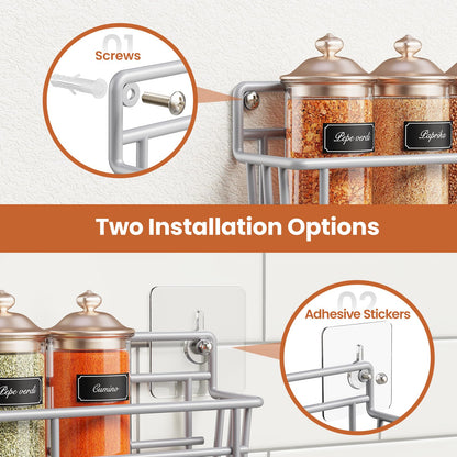 5 Pack Spice Rack Seasoning Organizer Wall Mount, Screw or Adhesive Hanging Shelf Basket Spice Organizer Shelf for Kitchen, Black