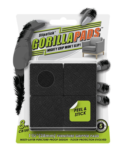 Slipstick GorillaPads CB150 Non Slip Furniture Pads/Rubber Grips (Set of 8) Self Adhesive Furniture Feet Floor Protectors, 1-1/2 inch Square, Black