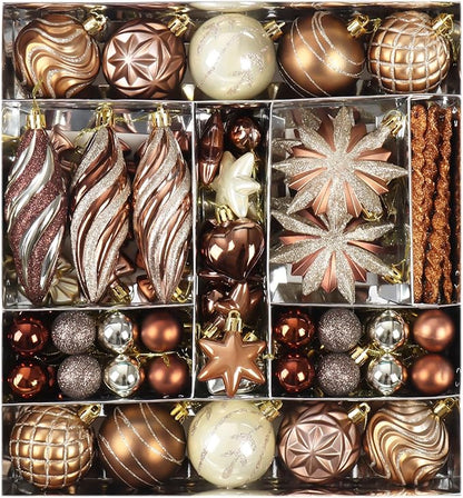 82Pcs Bronze Copper Christmas Ornaments Set,Shatterproof Brown and Gold Fall Decorations for Tree Assorted Plastic Craft Ball Ornaments for Holiday Xmas Party Decor (Copper & Gold)