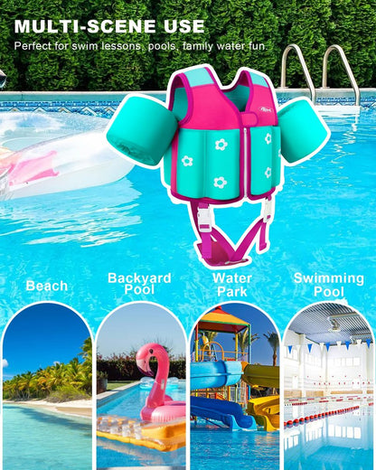 AEOCOO Kids Pool Floaties 1-2-3-5-7-9 Years Old, Toddler Swim Vest 20-30-50-70 Pounds, Comfortable Extended Wear Kids Float Jacket with Crotch Strap, Bright Design and Unpadded Sides, Pink