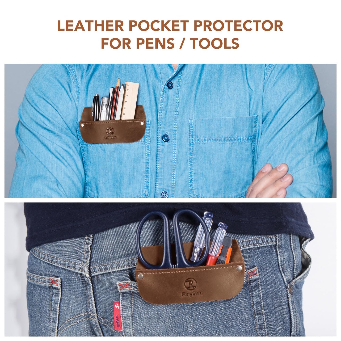 RingSun Genuine Leather Pocket Protector for Men, Handmade Durable Pocket Tool Pouch, Jeans Shirts Pocket Protector for Tools Pens, Update Brown