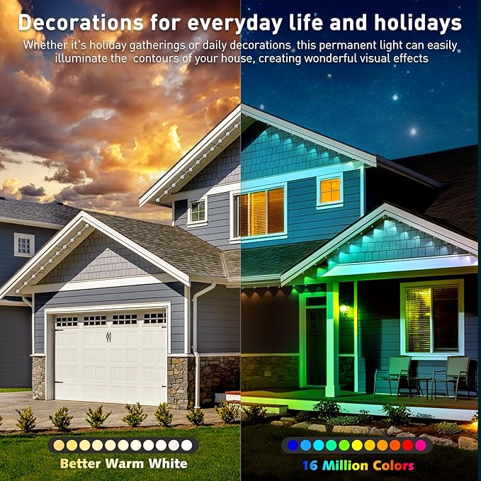 200FT Permanent Outdoor Lights,for House Roof, Christmas, Holiday, Party, Daily Lighting, IP67 Waterproof,RGB Eaves Lights with Multi Scene Modes for Halloween