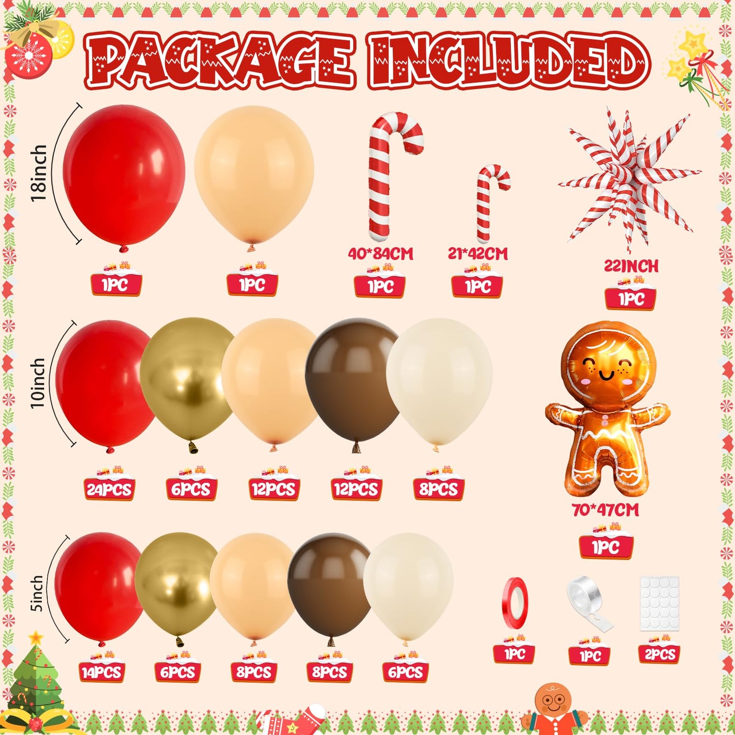 FunHot Christmas Balloon Arch Kit, Xmas Beige Red Balloon Garland, Apricot Brown Red Metallic Gold Latex Balloons with Gingerbread Man Candy Cane Star Foil Balloons for Christmas Party Decorations