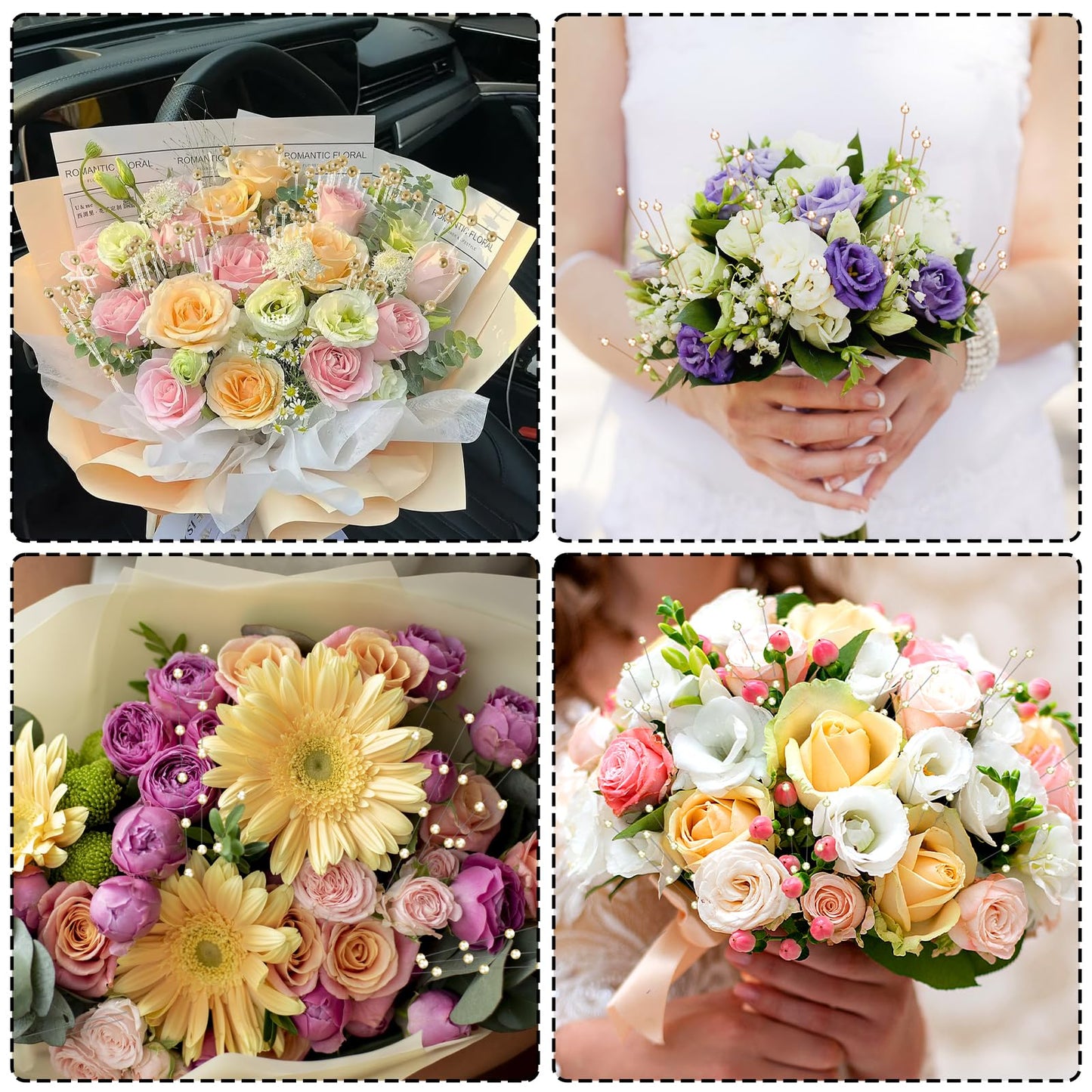 Bouquet Accessories 60 Pcs Pearl Floral Picks,Silver Flowers Stick Stems Bouquets,4mm Bead String Garland Spray Filler Floral,Tree Picks Wedding Party Decoration,Christmas Decorations Gold