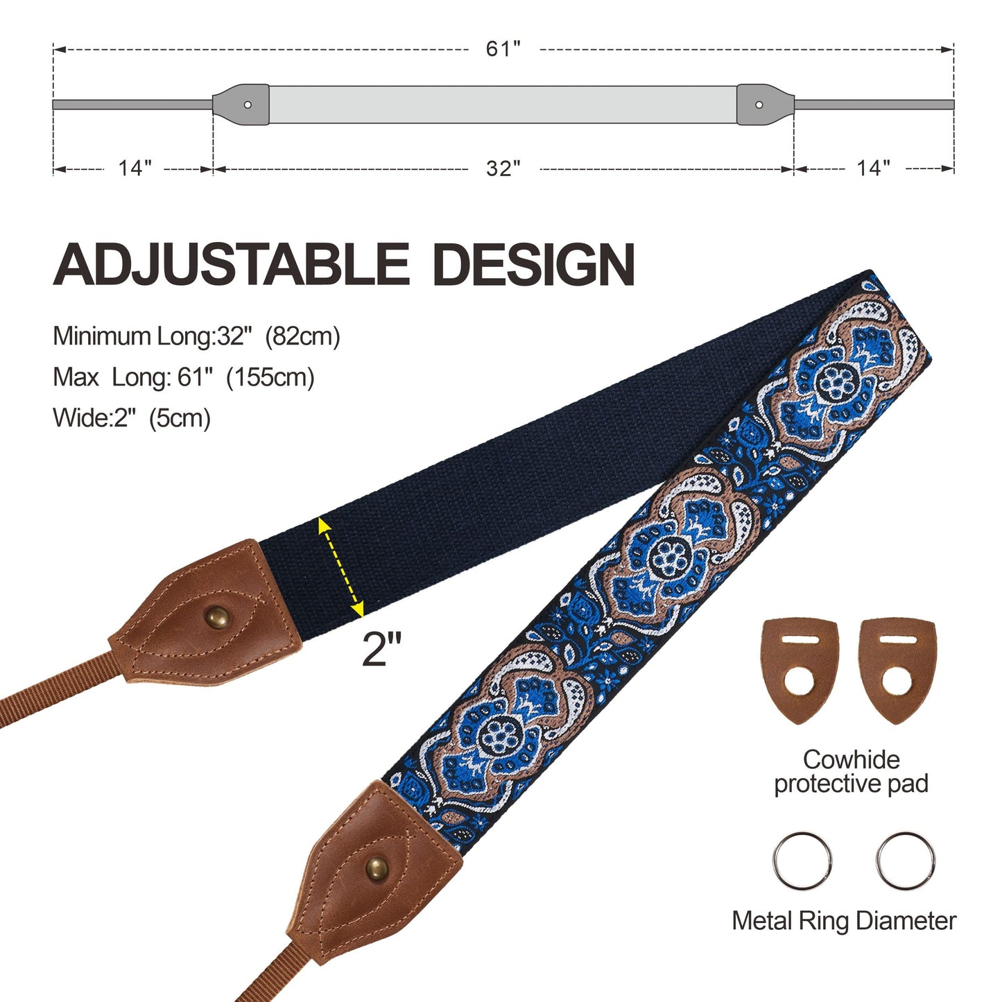 Padwa Lifestyle Camera Strap - 2" Wide Crazy Horse Art Cowhide Head,Vintage Jacquard Embroidery Camera Straps for Photographers Gift, Adjustable Shoulder Neck Strap Fits DSLR Cameras(Elegant Blue)