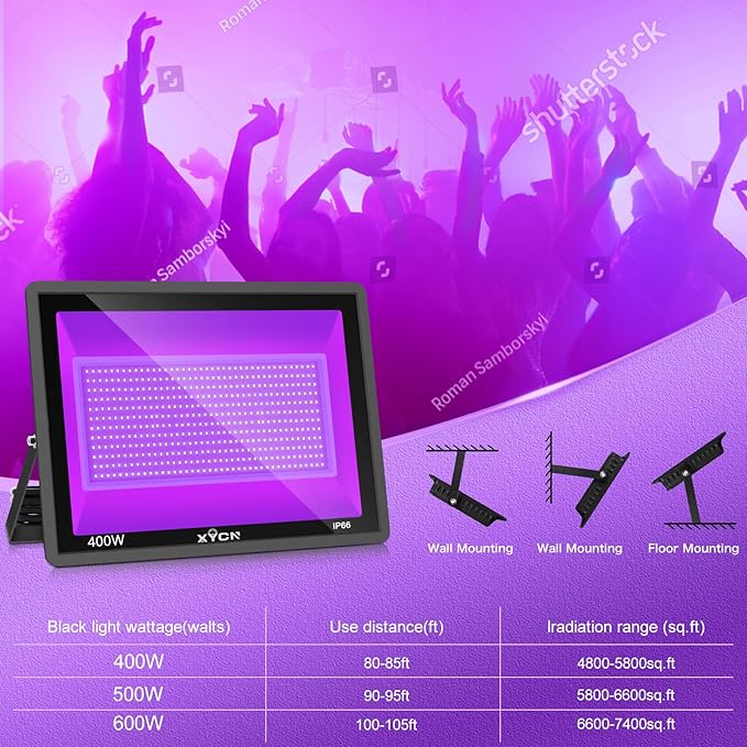 2 Pack 400W LED Black Lights Outdoor, 395nm to 410nm Flood Blacklight Light with Plug, IP66 Waterproof for Dance Party, Glow in The Dark, Stage Lighting, Body Paint, Fluorescent Poster, Neon Glow